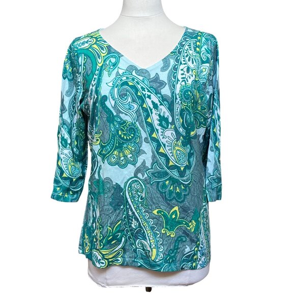Madeleine Tops - Madeleine Womens Green Paisley Print 3/4 Sleeve V Neck Top Sz 14/16 Viscose READ